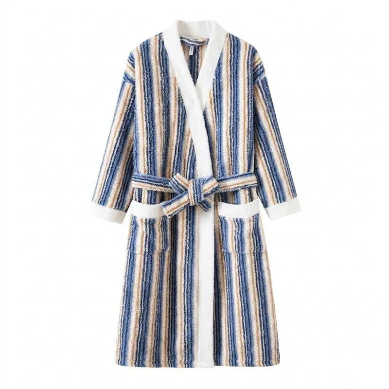 Langer, gestreifter Kimono-Bademantel aus Fleece