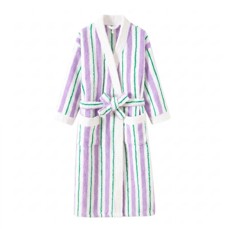 Langer, gestreifter Kimono-Bademantel aus Fleece