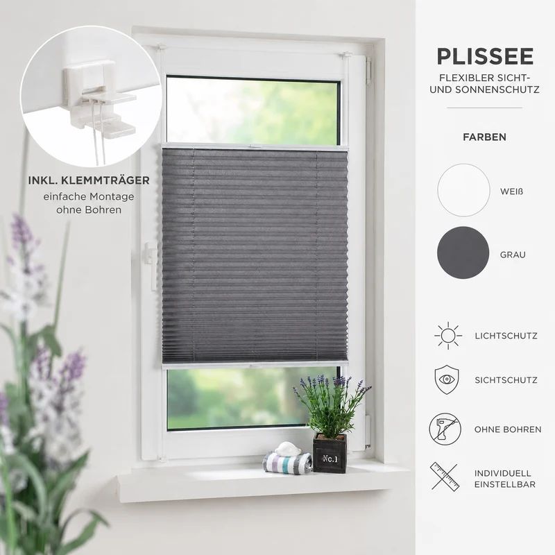 ourdeco® Klemmfix-Plissee | lichtdurchlässig | Montage ohne/mit Bohren | verschiedene Größen | weiß, grau