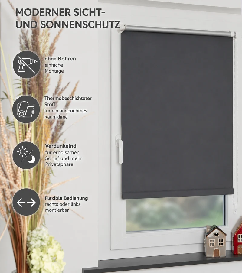 ourdeco® Klemmfix-Rollo | verdunkelnd | Thermo-Beschichtung | ohne Bohren | verschiedene Farben und Größen