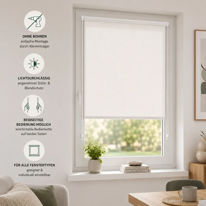 ourdeco® Klemmfix-Rollo | lichtdurchlässig | ohne Bohren | verschiedene Farben und Größen
