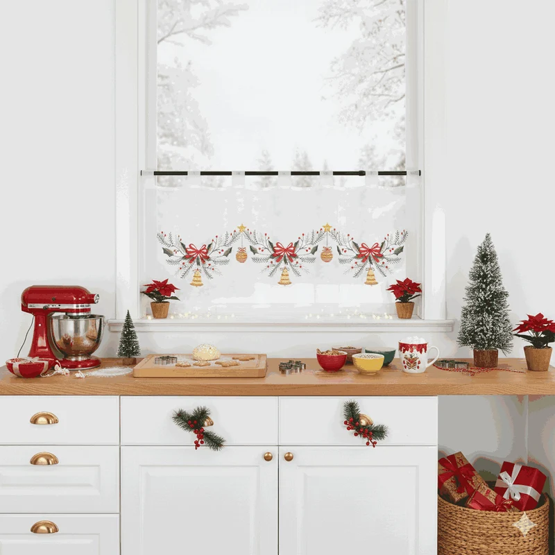 Scheibengardine Transparent mit Weihnachtsglocken