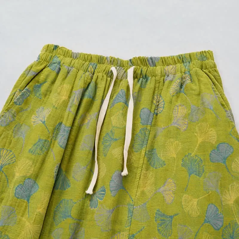 Baumwoll-Pyjamahose mit grünem Ginkgoblatt