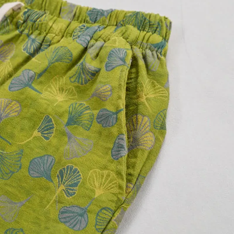 Baumwoll-Pyjamahose mit grünem Ginkgoblatt