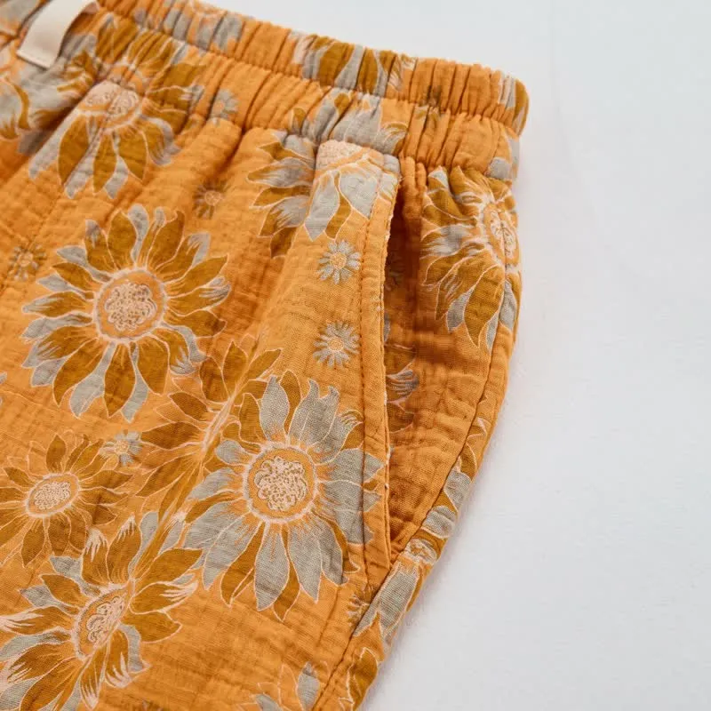 Vintage-Sonnenblumen-Baumwoll-Loungewear-Hose