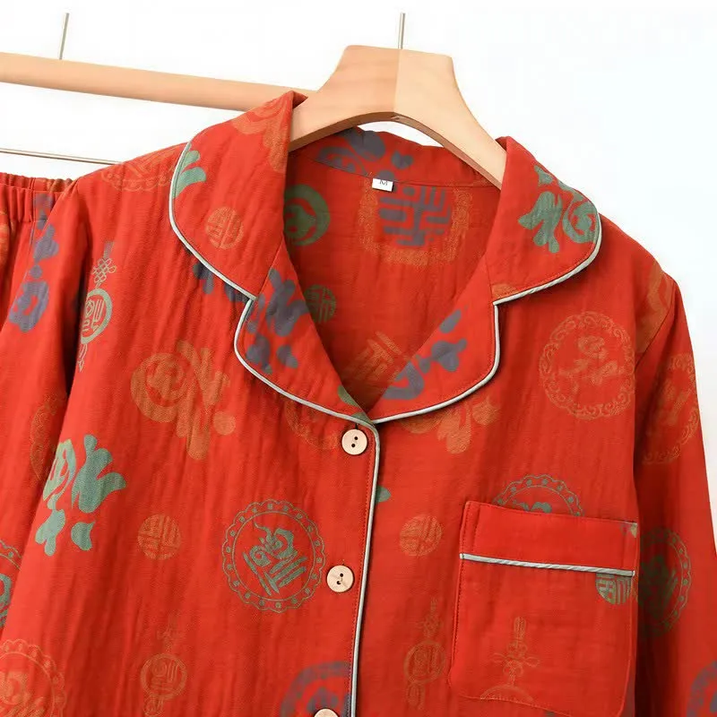 Chinesischer roter Baumwoll-Pyjama-Set mit Fu-Motiv