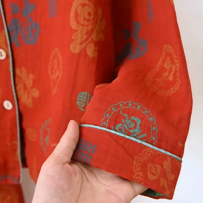 Chinesischer roter Baumwoll-Pyjama-Set mit Fu-Motiv