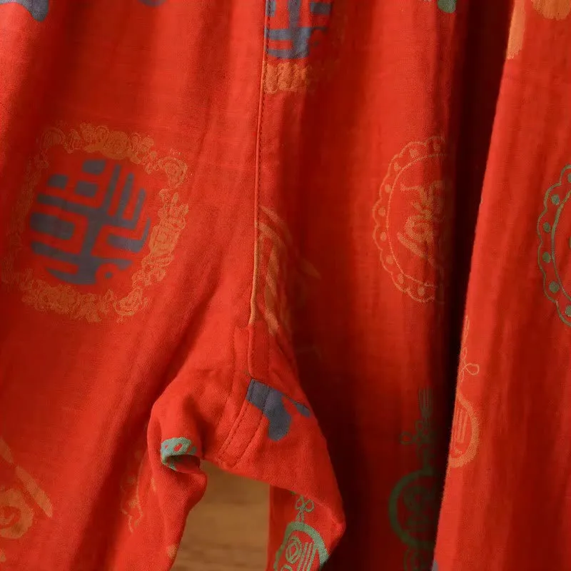 Chinesischer roter Baumwoll-Pyjama-Set mit Fu-Motiv