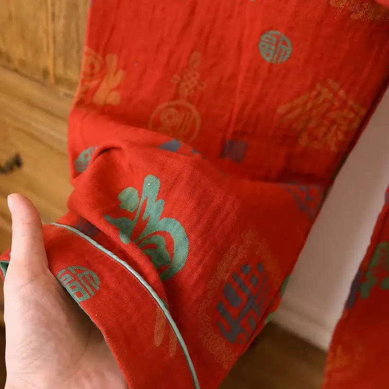 Chinesischer roter Baumwoll-Pyjama-Set mit Fu-Motiv