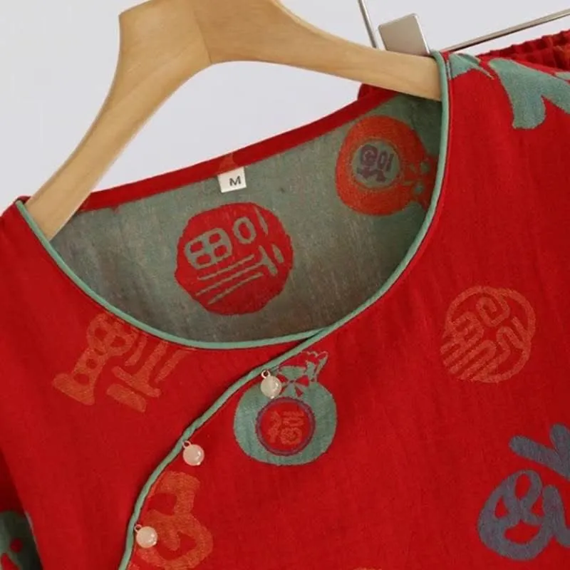 Festliches rotes Baumwollgaze-Pyjama-Set für Paare