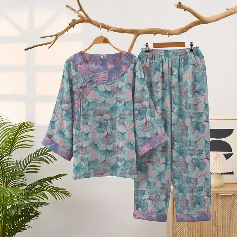 Pyjama-Set im chinesischen Stil mit Ginkgoblatt