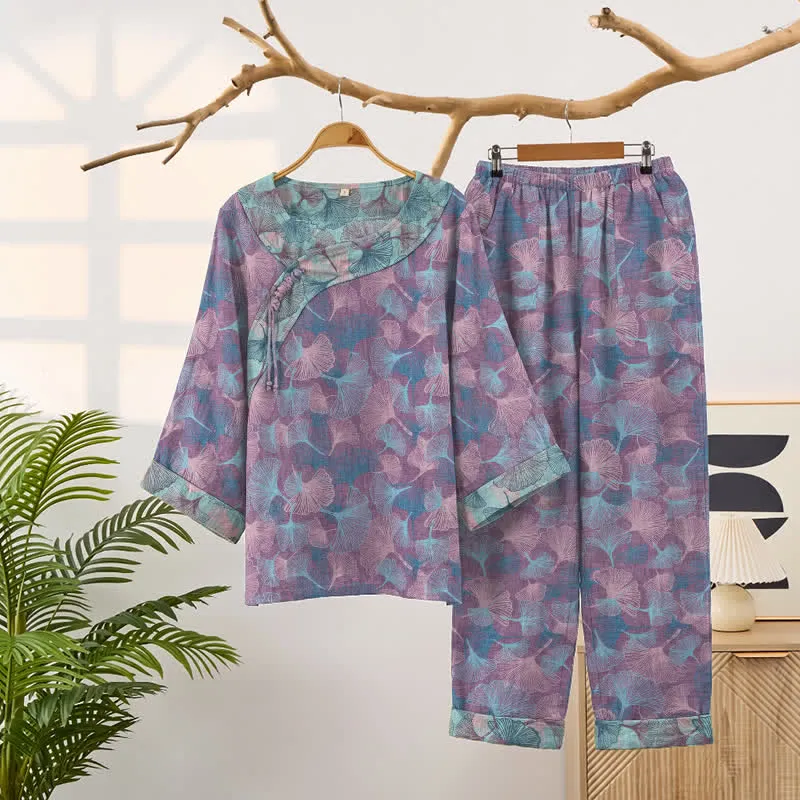 Pyjama-Set im chinesischen Stil mit Ginkgoblatt