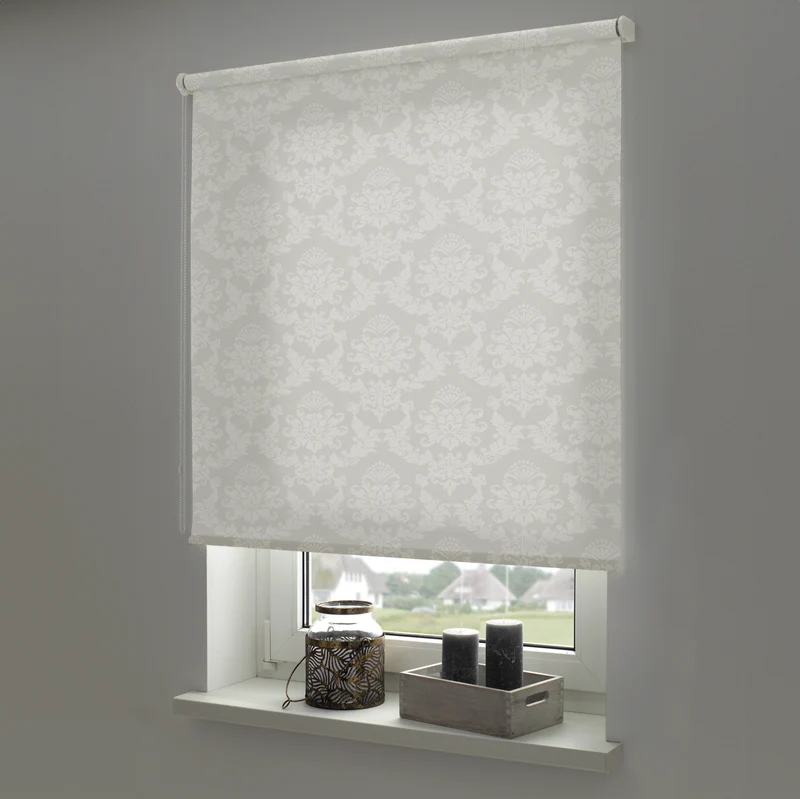 ourdeco® Seitenzugrollo Dekor | lichtdurchlässig | Druck Blätter , Ranke weiß/taupe, Ornament Ivory & Graphite