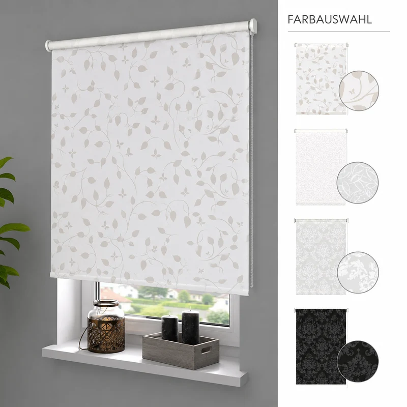 ourdeco® Seitenzugrollo Dekor | lichtdurchlässig | Druck Blätter , Ranke weiß/taupe, Ornament Ivory & Graphite