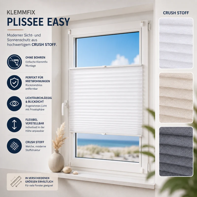 ourdeco® Klemmfix-Plissee Easy | ohne Bohren | weiß, beige, grau