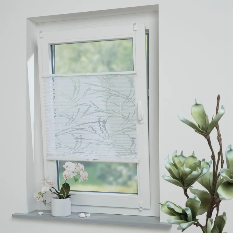 ourdeco® Klemmfix Plissee Ausbrenner, dekorative, moderne Stile - Waitara, Blatt, Symphonie und Blume, Montage mit Klemmträgern ohne Bohren