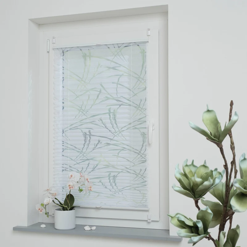 ourdeco® Klemmfix Plissee Ausbrenner, dekorative, moderne Stile - Waitara, Blatt, Symphonie und Blume, Montage mit Klemmträgern ohne Bohren