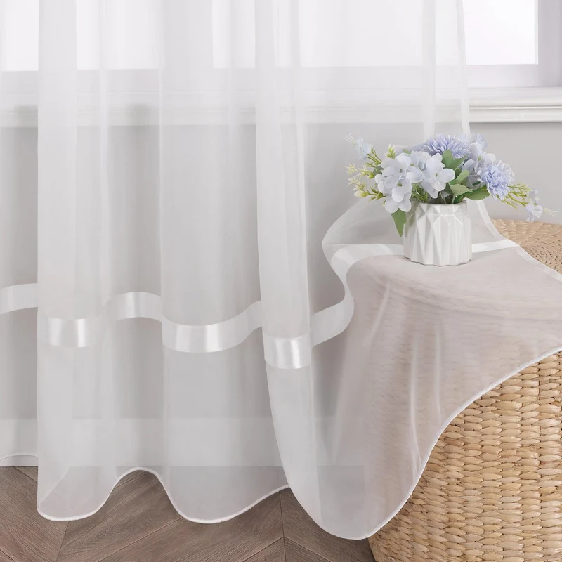 Gardine mit Seidenband Unifarbe Voile 1 Stück
