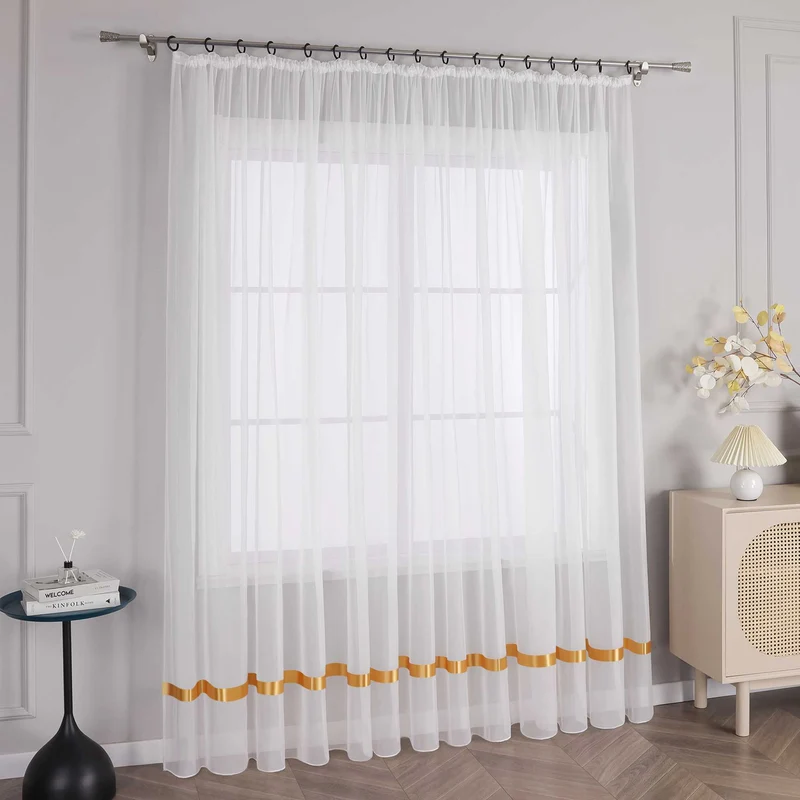 Gardine mit Seidenband Unifarbe Voile 1 Stück