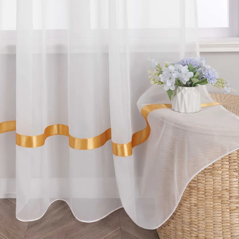 Gardine mit Seidenband Unifarbe Voile 1 Stück