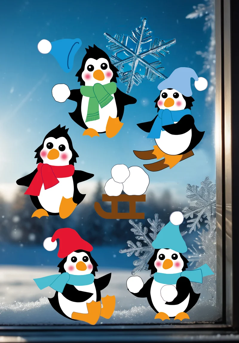 Fischer Fensterbilder Pinguin Spaß im Schnee