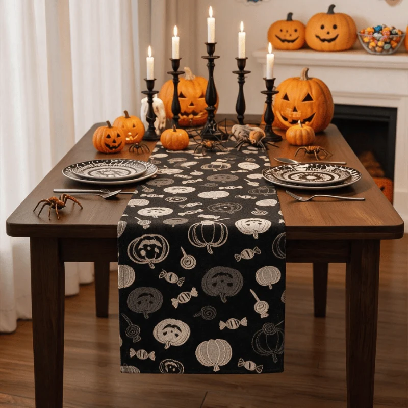 Schwarzer Tischläufer aus Baumwolle mit Halloween-Kürbis- und Süßigkeitenmotiven
