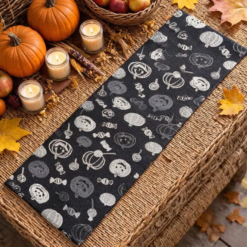Schwarzer Tischläufer aus Baumwolle mit Halloween-Kürbis- und Süßigkeitenmotiven
