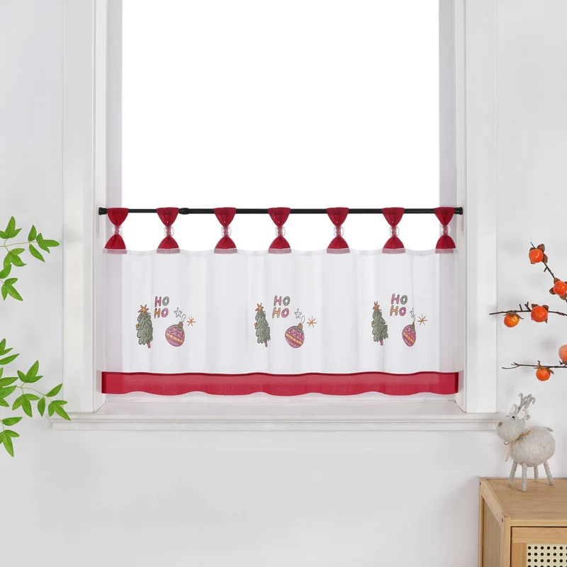 Scheibengardine Weihnachten Transparent Polyester mit rotem Rand und Stickerei Tannenbaum Weihnachtskugeln