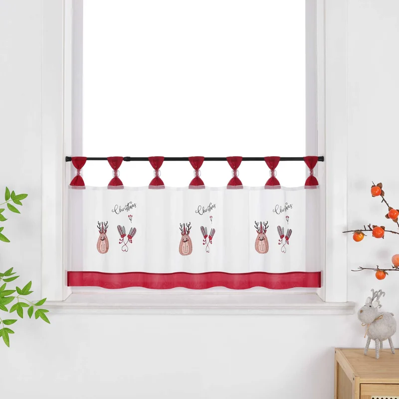 Scheibengardine Weihnachten Transparent mit rotem Rand und Weihnachts Stickerei