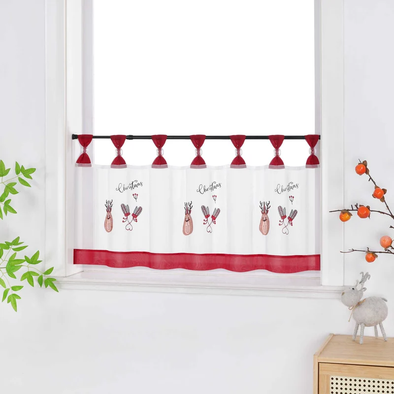Scheibengardine Weihnachten Transparent mit rotem Rand und Weihnachts Stickerei
