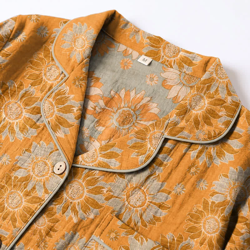 Retro-Sonnenblumen-Baumwoll-Loungewear-Pyjama-Set