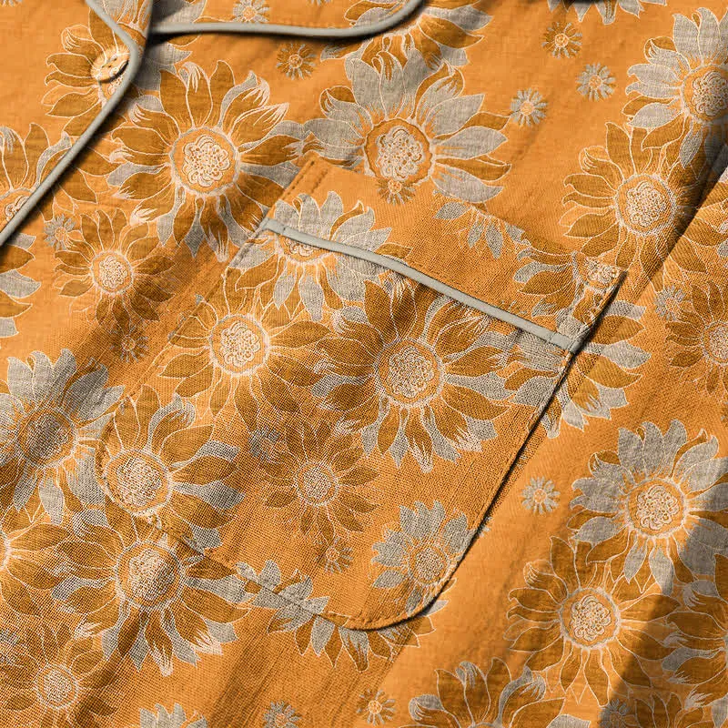 Retro-Sonnenblumen-Baumwoll-Loungewear-Pyjama-Set