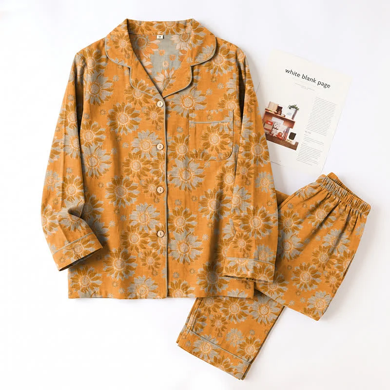 Retro-Sonnenblumen-Baumwoll-Loungewear-Pyjama-Set