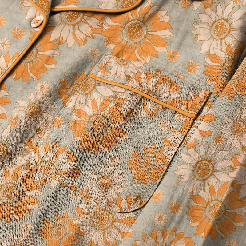 Retro-Sonnenblumen-Baumwoll-Loungewear-Pyjama-Set