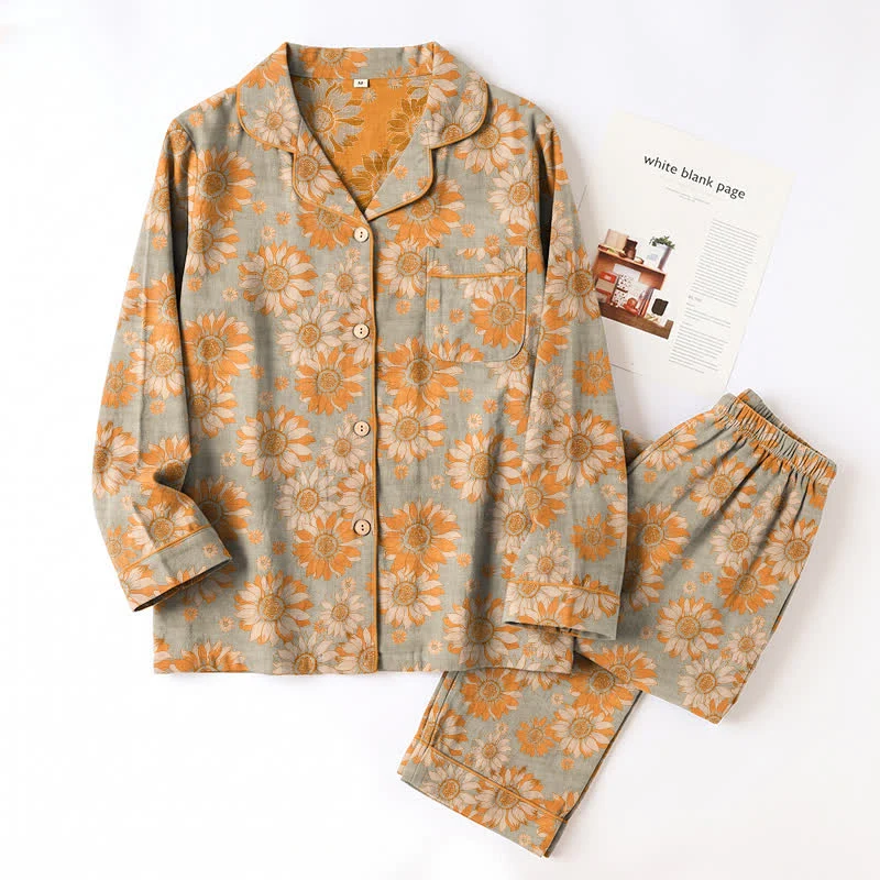 Retro-Sonnenblumen-Baumwoll-Loungewear-Pyjama-Set