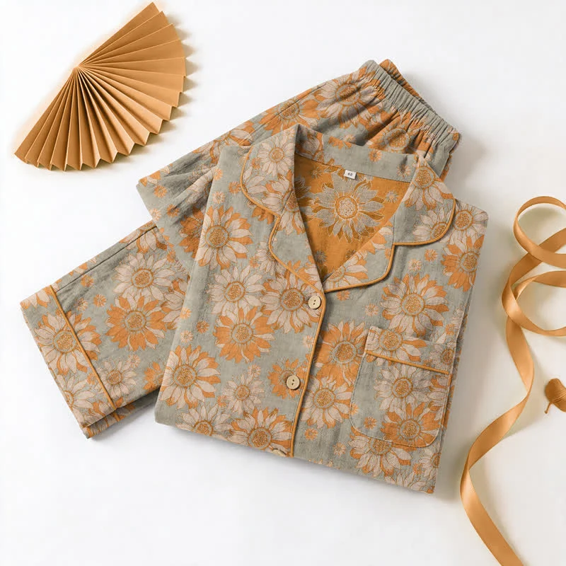 Retro-Sonnenblumen-Baumwoll-Loungewear-Pyjama-Set