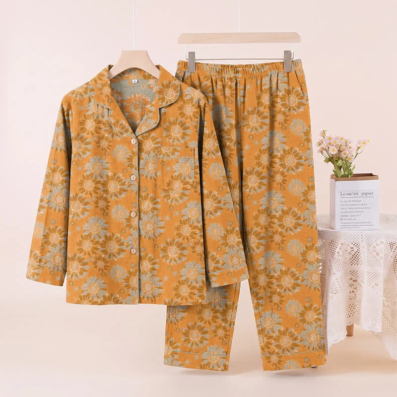 Retro-Sonnenblumen-Baumwoll-Loungewear-Pyjama-Set