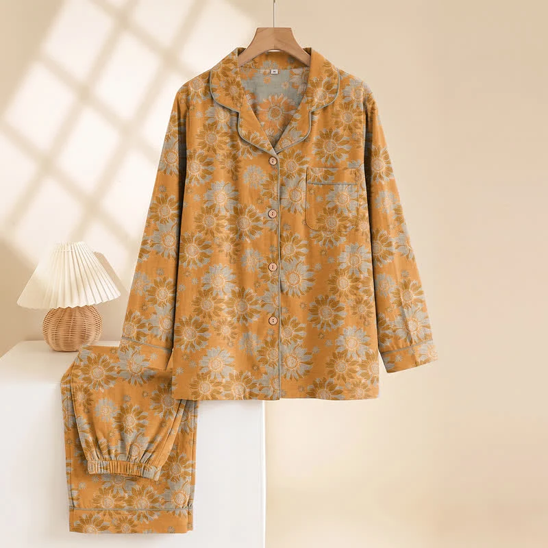 Retro-Sonnenblumen-Baumwoll-Loungewear-Pyjama-Set