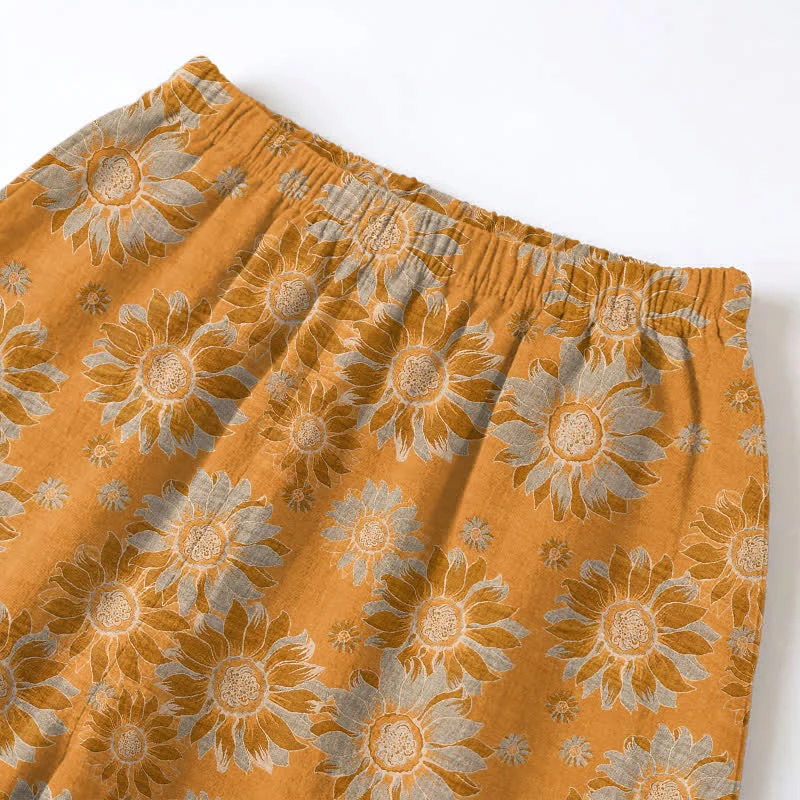Retro-Sonnenblumen-Baumwoll-Loungewear-Pyjama-Set