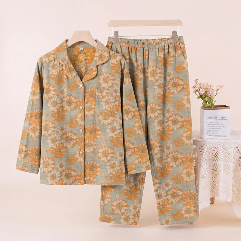 Retro-Sonnenblumen-Baumwoll-Loungewear-Pyjama-Set