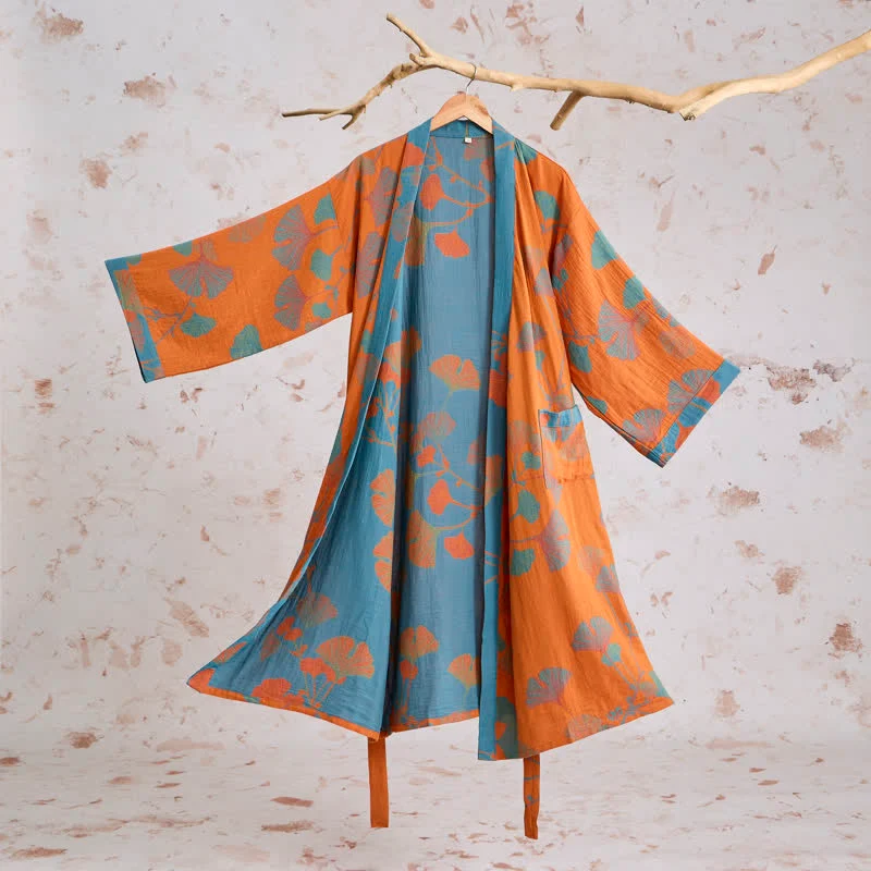 Retro-Kimono aus Baumwolle mit Ginkgoblatt