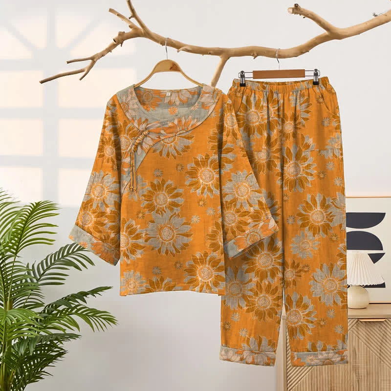 Orientalisches Sonnenblumen-Baumwollpyjama-Set