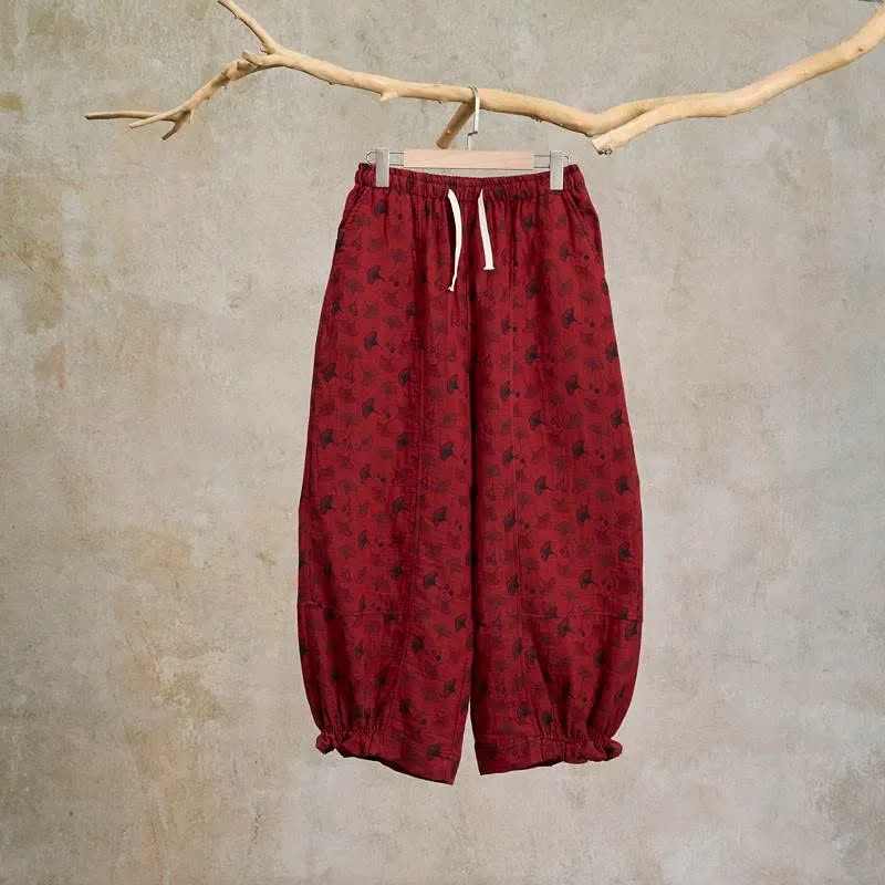 Vintage Haremshose aus Baumwolle mit Ginkgoblatt-Motiv