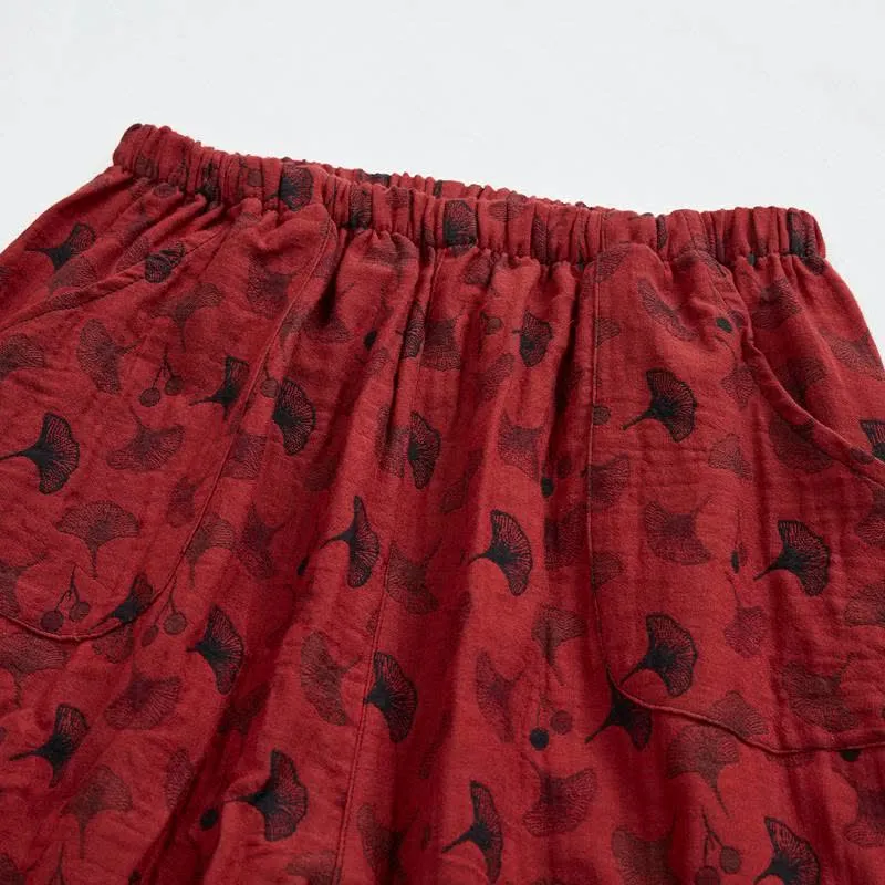 Vintage Haremshose aus Baumwolle mit Ginkgoblatt-Motiv