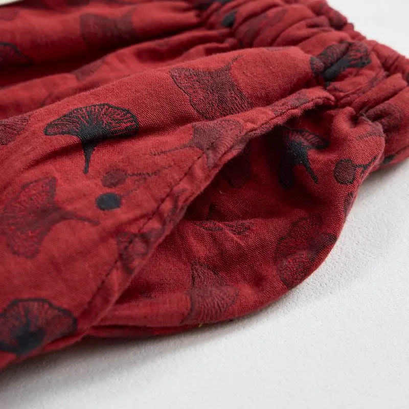 Vintage Haremshose aus Baumwolle mit Ginkgoblatt-Motiv