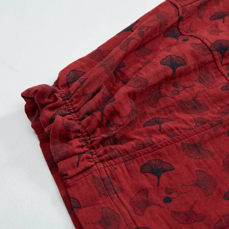 Vintage Haremshose aus Baumwolle mit Ginkgoblatt-Motiv