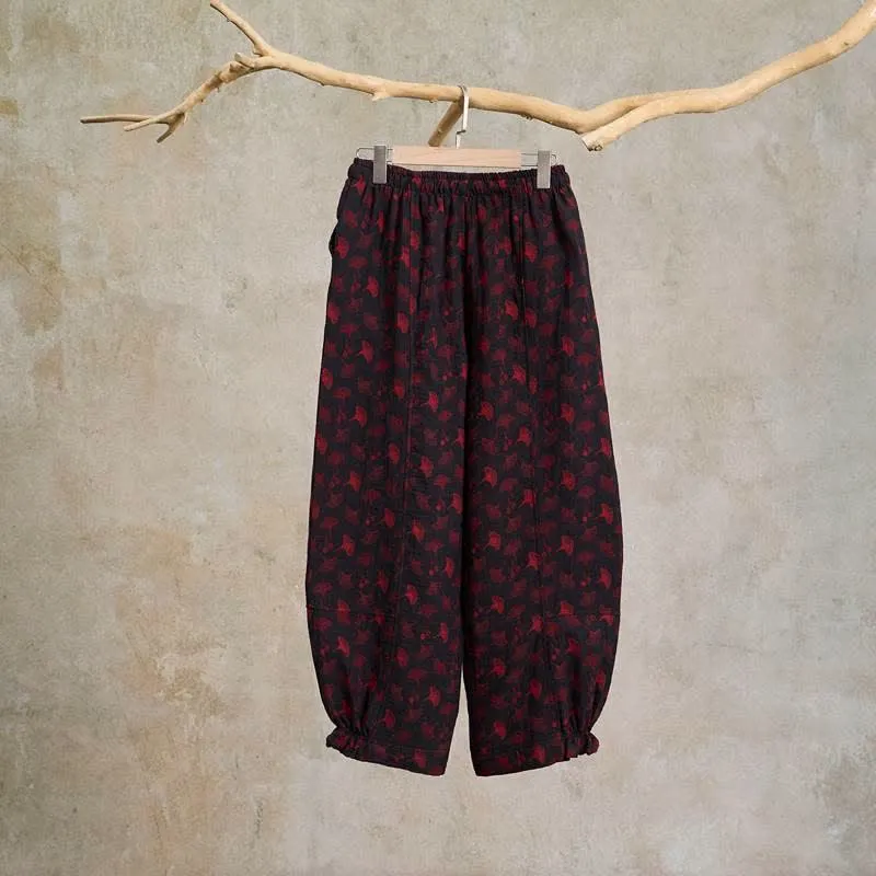 Vintage Haremshose aus Baumwolle mit Ginkgoblatt-Motiv