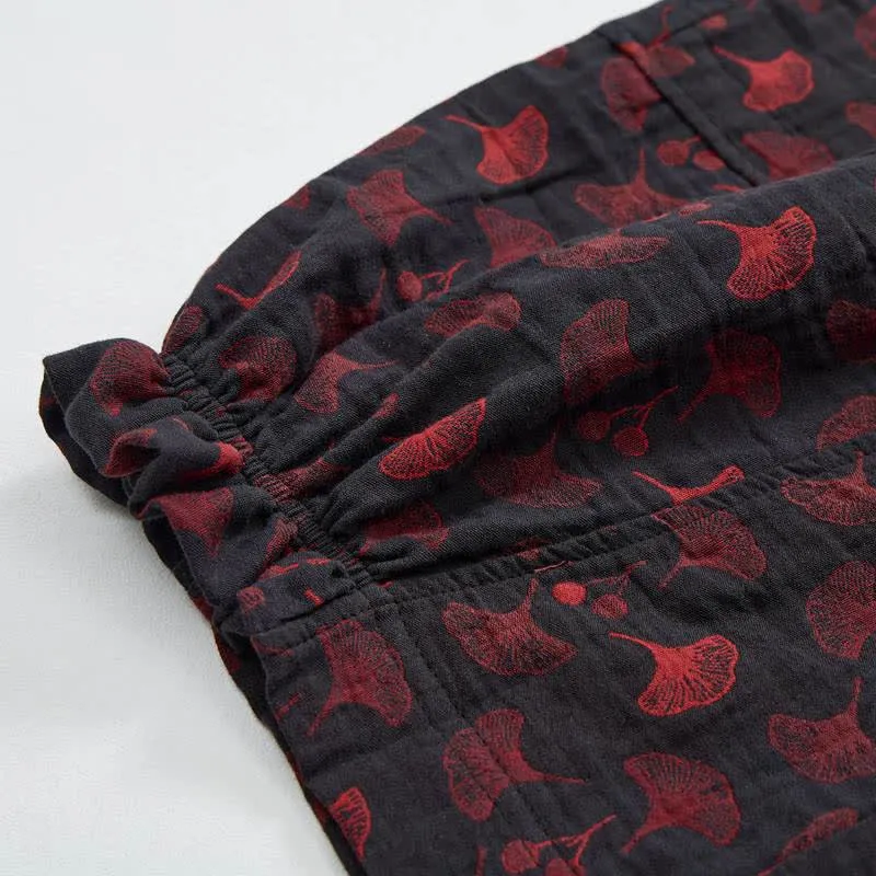 Vintage Haremshose aus Baumwolle mit Ginkgoblatt-Motiv