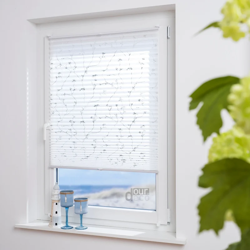 ourdeco® Klemmfix Plissee ohne Bohren für Fenster oder Türen Druckmotiv Ranke weiß | grau