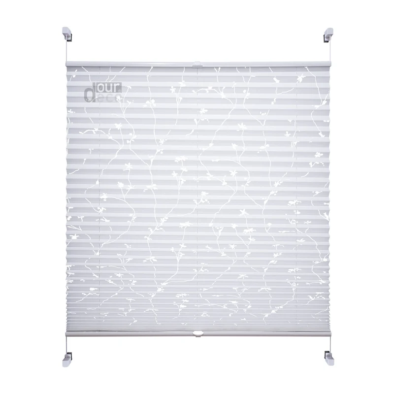 ourdeco® Klemmfix Plissee ohne Bohren für Fenster oder Türen Druckmotiv Ranke weiß | grau